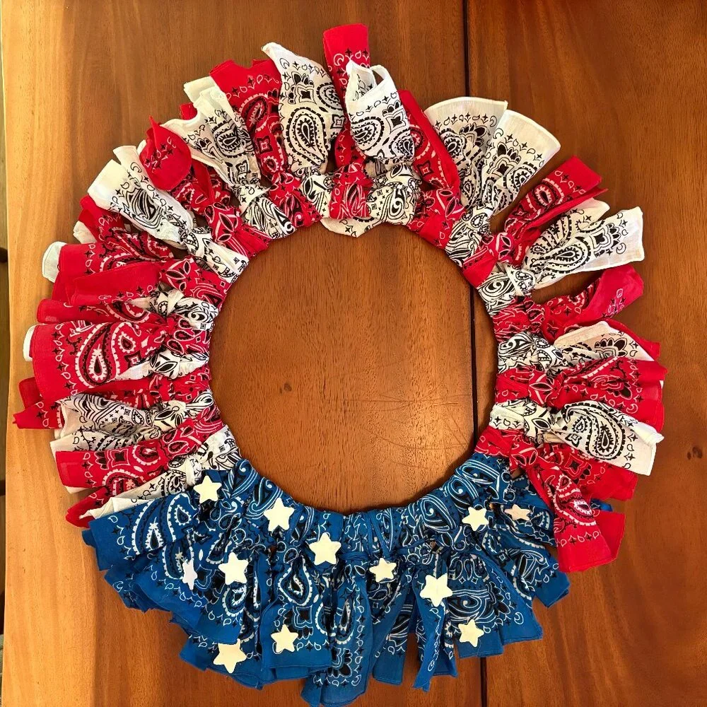 Handmade Patriotic Wreath Bandana Red White Blue Fourth of July 4th Veterans Day